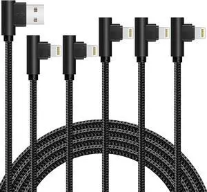 iPhone Cable 5 Pack(3/3/6/6/10FT) MFI Certified Cable Lightning Fast Charger Nylon Braided Data Cord 90 Degree Elbow for Game Video Compatible with iPhone 12 11 Pro Max XR XS Max iPod (Black)
