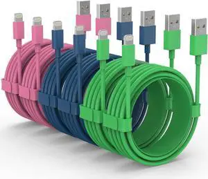iPhone Charger Cables [Apple MFi Certified] 6 Pack (3/3/6/6/6/10 FT) Fast Charging Lightning Cable for iPhone 14/13/12/11 Pro Max/XS MAX/XR/XS iPad AirPods Green Pink Blue