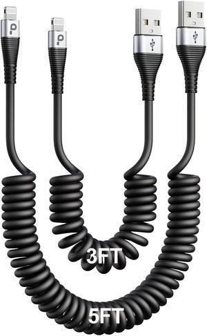 iPhone Charger Cable for Car (3FT/5FT) 2Pack Coiled Lightning Cable [Apple MFi Certified] Retractable Charging Cord Compatible with iPhone 14/13/12/11 Pro Max/XS MAX/XR/XS/8/iPad/iPod/CarPlay