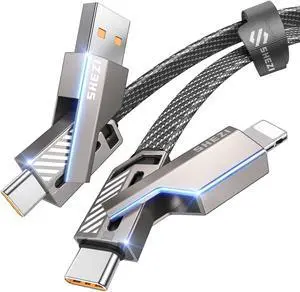 One is Enough 4-in-1 USB C to Lightning Cable 60W High-Speed Charging & Fast Data Transfer CarPlay & Android Auto Support Multi Charger Cord Combo Lightning/Type C/USB A for iPhone iPad -3FT