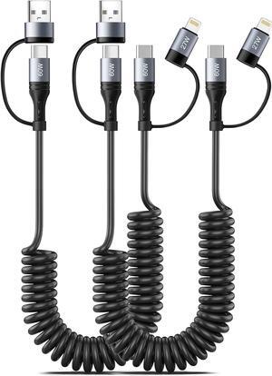 Coiled Lightning Cable [2Pack 4FT] 4 in 1 Multi Charging Cable 60W Fast Charging Retractable Charger Cord for iPhone 15/14/13/12/11 Pro Max/XS MAX/XR/XS/X/8/7/6 Plus/iPad/AirPods/MacBook/CarPlay