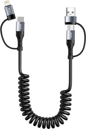 Coiled Lightning Cable 4 in 1 4FT Multi Charging Cable 60W Fast Charging Retractable Car Charger Cord for iPhone 15/14/13/12/11 Pro Max/XS MAX/XR/XS/X/8/7/6 Plus/iPad/AirPods/MacBook/CarPlay