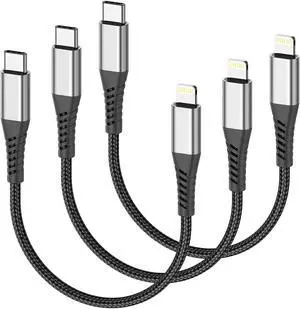Short USB C to Lightning Cable 6 Inch 3 Pack 0.5 Foot Short iPhone PD Fast Charging Braided Cord for iPhone 14 13 12 11 Pro Max Xs
