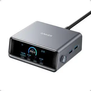 250W GaN Prime USB C Charging Station, Ultra-Fast 6-Port, 2.26" LCD Display and Smart Control Dial, Compatible with MacBook Pro/Air, iPhone 16/15/14, Galaxy, and More (Silver)