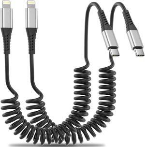 Coiled USB C to Lightning Cable for Car 2 Pack 3FT Apple Carplay Cable Short Retractable iPhone Charger Fast Charging Cord for iPhone 14 13 12 11 Pro Max Xs X Xr 8/Airpods