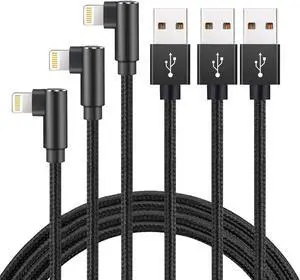 Fast Charging Cable 3ft Right Angle Cable 3 Pack Nylon Braided Fast Speed Data Sync Charging Cord Powerline Compatible with Phone 13/12/11/Pro/Xs Max/XS/XR/7/7Plus/X/8/6/SE(Black 3FT)