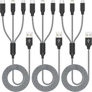 Multi Charging Cable 3Pack 4FT Multiple Charger Cable Rapid Nylon Braided Cord USB Charging Cable 3 in 1 Multi Phone Charger Cord with Type C Micro Lightning USB Connectors for Cell Phones