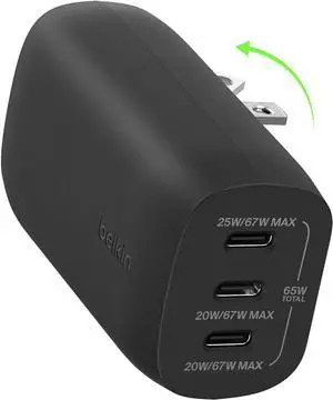 BoostCharge 3-Port USB-C Wall Charger with PPS 67W USB-C PD 3.1 Enabled Fast Charging iPhone Charger for iPhone 16 Series MacBook Pro AirPods Galaxy and Other PD Enabled Devices - Black