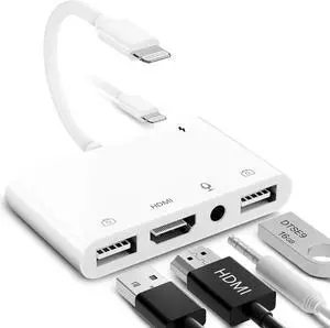 Lightning to HDMI Adapter for iPhone/iPad to TV Dual USB OTG Adapter with Microphone Input for Live-Streaming MIDI Keyboard Mouse HD TV/Projector/Monitor Compatible