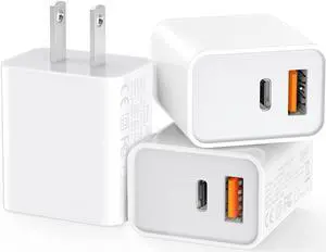 3 Pack USB C Wall Charger 20W Durable Dual Port QC+PD 3.0 Power Adapter Double Fast Plug Charging Block for iPhone 14/14 Pro/13/15/15 Pro/Pro Max/Plus XS/XR/X Watch Series 8/7 CubeWhite