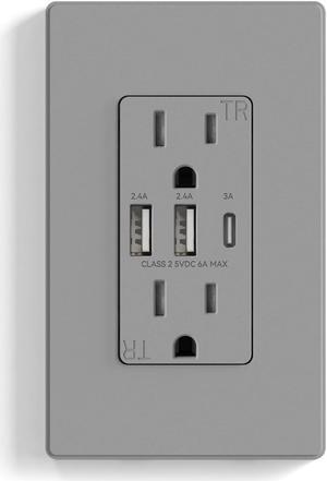 30W 6.0 Amp 3 Port USB Wall Outlet 15 Amp Receptacle with USB C USB A Ports USB Charger for iPhone/iPad//LG/HTC/Android Devices UL Listed w/Wall Plate 1 Pack Matte Gray