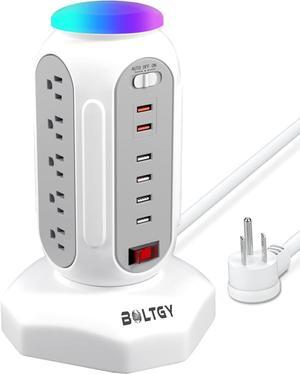 Power Strip Tower with Colorful Night Light 15 Outlets 6 USB Ports Surge Protector with USB Fast Charger & 6.5ft Extension Cord Outlet Overload Protection for Home Office(White)