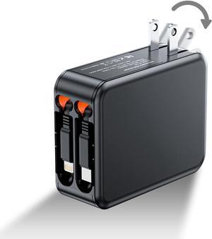 3 in 1 Retractable Wall Charge with Dual Cables 35W USB C Charger Block with Foldable Plug 62W Power Adapter Fast Charging for iPhone 16/15/14/13/12/11 Series Pad LG  and More