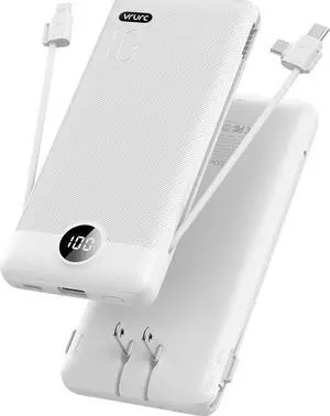 VRURC Portable Charger Built-in Cables and AC Wall Plug, USB C Power Bank 10000mAh, Travel Essentials Phone Charger Compact Lightweight External Battery Pack for Smart Phones, Tablets etc-White