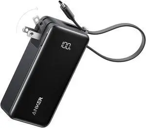 Nano 3-in-1 Portable iPhone Charger 10 000mAh Power Bank with Built-in USB-C Cable and Foldable Wall Plug 30W Max Battery Pack Travel Essentials for iPhone 16/15 Series Galaxy MacBook