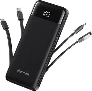 Portable Charger with Built in Cables Portable Charger with Cords Wires Slim 10000mAh Travel Essentials Battery Pack 6 Outputs 3A High Speed Power Bank for iPhone  Pixel LG Moto iPad