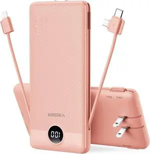 Portable Charger for iPhone Built in Cables and Wall Plug 10000mah Slim Fast Charging USB C Power Bank Travel Essential Battery Pack Compatible with iPhone iPad  and More(Dark Pink)