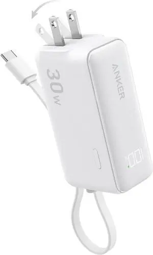 Power Bank USB C Charger Block 3-in-1 5 000mAh Portable Charger with Built-in USB-C Cable and Foldable AC Plug 30W Max Compact Battery Pack for iPhone 15 Series Galaxy MacBook and More