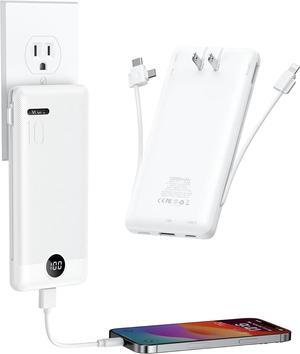 Portable Charger 10000mAh Slim Portable Charger with Wall Plug 22.5W USB Port Fast Charging Power Bank with Cables 4 Outputs 2 Inputs Travel Essentials Battery for Smartphones-White (1 Pack)