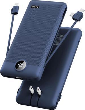 Portable Charger Built-in Cables and AC Wall Plug USB C Power Bank 10000mAh Portable Phone Charger Compact Lightweight External Battery Pack for Smart Phones Tablets etc-Navy