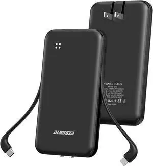Portable Charger Built-in Cables and AC Wall Plug Slim Fast Charging Power Bank 10000mAh Lightweight USB C External Battery Pack Compact Travel Cell Phone Charger