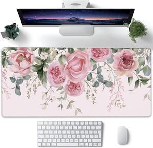 XXL Mouse Pad Pink Peony Flowers Eucalyptus Green Leaves Large Desk Mat for Desktop Extended Large Gaming Mouse Pad Mouse Mat with Non-Slip Rubber Base Stitched Edges for Home Office 35.4X15.7