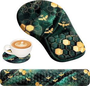 3 in 1 Ergonomic Mouse Pad and Keyboard Wrist Rest Mouse Pad with Wrist Support Massage Design Keyboard Wrist Rest and Mouse Pad Set for Home Office (Green Bee)