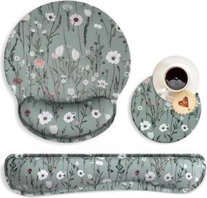 Ergonomic Mouse Pad and Keyboard Wrist Rest Green Floral Mouse Pad with Wrist Rest Set Daisy Flower Memory Foam Mouse Pad with Wrist Support and Keyboard Pad for Women Office Gaming