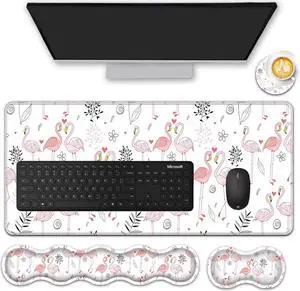Mouse Pad Set (31.5×11.8 in) Desk Pad + Keyboard Wrist Rest Support + Mouse Wrist Rest + Coaster for Office Home Computer Laptop - 4 Cute Flamingo