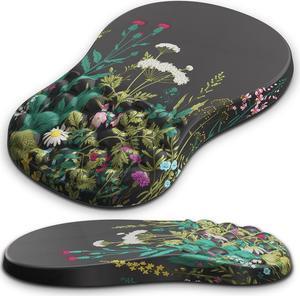 Ergonomic Mouse Pad with Wrist Rest Mousepad with Memory Foam & Massage Design Wrist Pain Relief Non-Slip PU Base Mouse Pad with Wrist Support for Gaming Office Desk (Black Flower 12x8 inch)