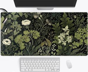 Green Leaves Desk Mat Beige Plants Desk Pad Large Extend Mouse Pad XXL Freshness Foliage Keyboard Mat Black Esthetics Desktop Mat Laptop Wireless Mouse Mat for Desk Gift for Women 31.5x15.75