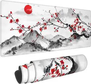 Watercolor Japanese Cherry Blossom Mouse Pad 31.5 X 11.8 Inch XL Red Floral Design Extended Gaming Mousepad Large Non-Slip Rubber Base Keyboard Desk Mat with Stitched Edges for Gaming and Office