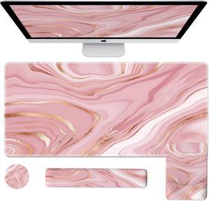 Gaming Mouse Pad with Wrist Rest Large Pink Desk Mat+Keyboard and Mouse Wrist Rest+Coaster Non-Slip Desk Pad Mat Protector Easy Typing Pain Relief Ultra Thick Mousepad Liquid Marble