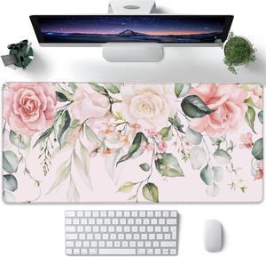 Desk Pad Pink Watercolor Flowers and Green Leaves Extended Large Gaming Mouse Pad for Desk XXL Large Desk Mat for Desktop with Non-Slip Rubber Base Stitched Edges for Home Office Desk 35.4X15.7