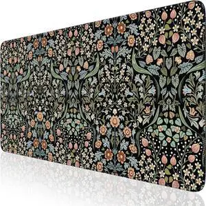 Black Mouse Pad Floral Desk Mat Non-Slip Desk Pad Rubber Base Extra Large Keyboard Pad with Stitched Edges Comfortable Lycra Surface Gaming Pad 15.7X35.4 Inches for Home and Office