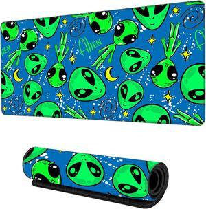 Desk Mat Green Alien Mouse Pad Large Gaming for Desk Non-Slip Rubber Base Mousepad 31.5x15.7 Inch for Office Home Work & Game
