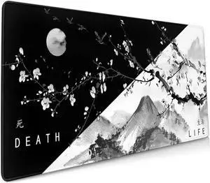 Sakura Death Life Black and White Cherry Blossom Pattern Extended Large Mouse Pad Non-Slip Rubber Base Stitched Edges Waterproof Gaming Home Office 90x40cm XXL