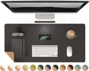 Dual-Sided Mouse Pad Natural Cork & PU Leather Large Desk Pad for Office and Home Work Desk Protector Non-Slip Waterproof Easy Clean (Black 36x17)