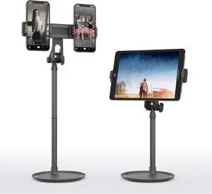 Double Phone Stand of Desk Tablet Holder of Table Adjustable Height Black Stable Base Support Phones and Tablets up to 10.9 inches.Suitable for Video conferencing Live Broadcast Watch Movie