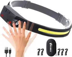 Headlamp Rechargeable LED Headlamp with Motion Sensor Up to 1200 lumens and 10 Hours Runtime 5 Clips and 1 Case Waterproof Camping Gear for Hiking Fishing Cycling(Black1 PCS)