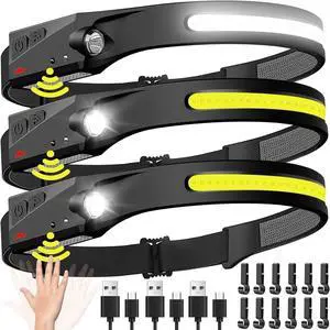 Headlamp Rechargeable 3PCS 230° Wide Beam Head Lamp LED with Motion Sensor for Adults - Camping Accessories Gear Waterproof Head Light Flashlight for Hiking Running Repairing Fishing Cycling