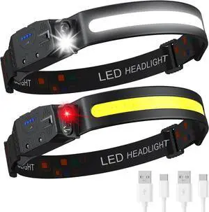 Headlamp Rechargeable 2PCS 230° Wide Beam High Lumen LED Head Lamp for Adults Motion Sensor Hard Hat Head Lights for Forehead 6Mode Headlight Flashlight for Camping Fishing Hiking Gear