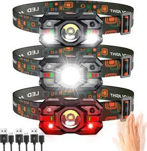 Rechargeable Headlamp Flashlight 3-Pack 2000 Lumen Super Bright LED Headlight with Red Light Motion Sensor for Adults Kid Waterproof Lightweight Head Lamp for Outdoor Camping Running Hiking Fishing