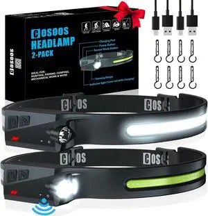 Original 2 Rechargeable Headlamps Bright LED Headlamp Flashlight 1000 Lumen 230 ° Wide Beam & Spot Light Motion Sensor 2.4 oz Head Lamp with Clips for Hardhat Camping Hiking