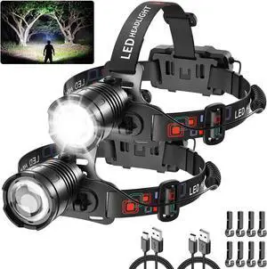Rechargeable Headlamp 2Pack 990 000LM Bright Head Lamp 90°Angle Head Lights for Forehead Adjustable Focus Headlight 4Mode LED Headlamp Rechargeable Headlamps for Adults Hard Hat Camping Hiking