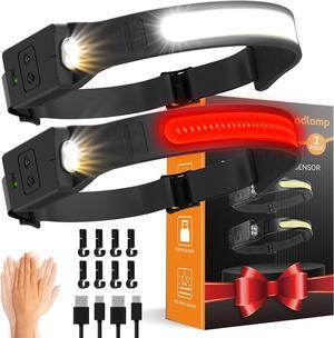 Headlamps Rechargeable for Adults 2 Pack 230° Wide Beam Running LED Head Lamp with Red Light Headlights for Head with Motion Sensor Hard Hat Light Flashlight for Runners Camping Hiking Fishing