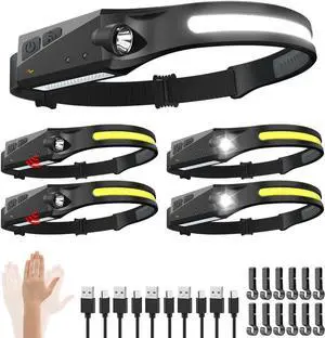Rechargeable Headlamp 5PCS, 230° Wide Beam Head Lamp, Motion Sensor LED Headlamp Flashlight, 5Mode Headlamps for Adults, Bright Head Lights for Forehead, Hard Hat Headlight