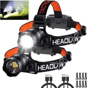 Headlamp Rechargeable 2Pack 150000LM Bright Head Lamp Adjustable Focus Headlight Outdoor 4Mode Head Lights for Forehead 90° LED Headlamp Waterproof Headlamps for Adults Camping Hiking Hard Hat