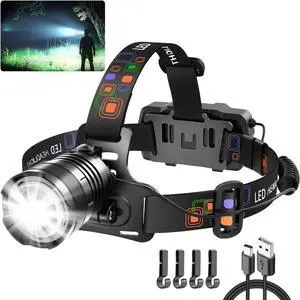 Headlamp Rechargeable 990000LM Super Bright Head Lamp Adjustable Focus LED Headlamp 90°Angle Head Lights for Forehead 4Mode Headlight Headlamps for Adults Hard Hat Camping Essentials Gear