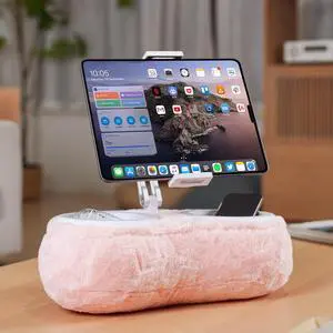 Tablet Stand Pillow Kindle Pillow Stand ipad Holder for Bed Compatible with iPad iPhone  Kindle 360°Adjustable Phone Stand for Bed with Soft Plush Fabric and Two Detachable Bowl-Pink